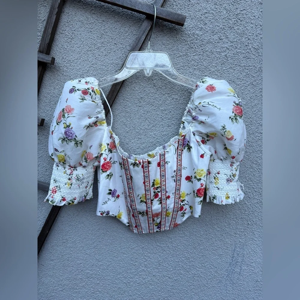Alice + Olivia Audie Floral Puff-Sleeve Corset Top
